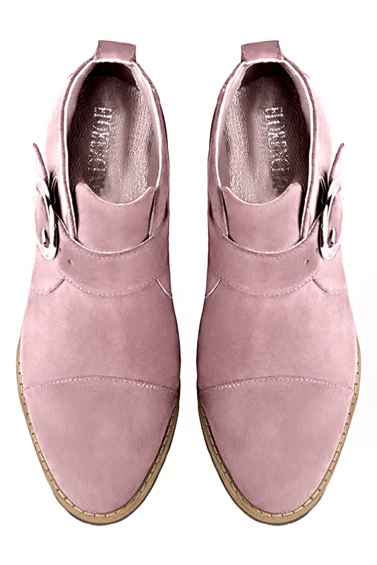 Light pink women's ankle boots with buckles at the front. Round toe. High block heels. Top view - Florence KOOIJMAN
